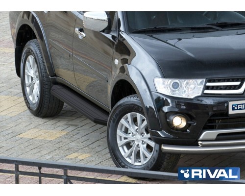 Пороги алюминиевые Rival "Premium-Black" для Mitsubishi Pajero Sport 2008-2015
