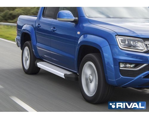 Пороги алюминиевые Rival "Silver" для Volkswagen Amarok 2016-